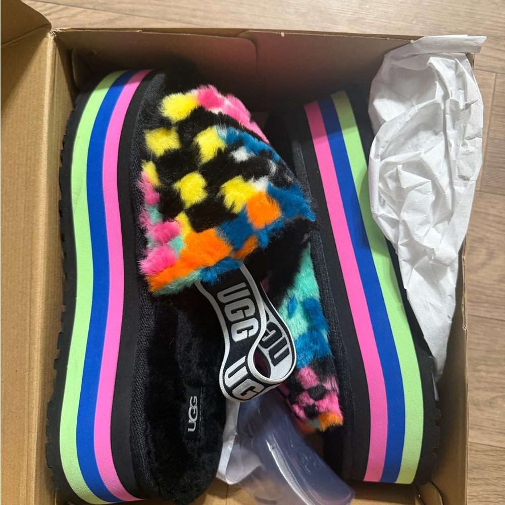 UGG Colorful Fluffy Platform Sandals